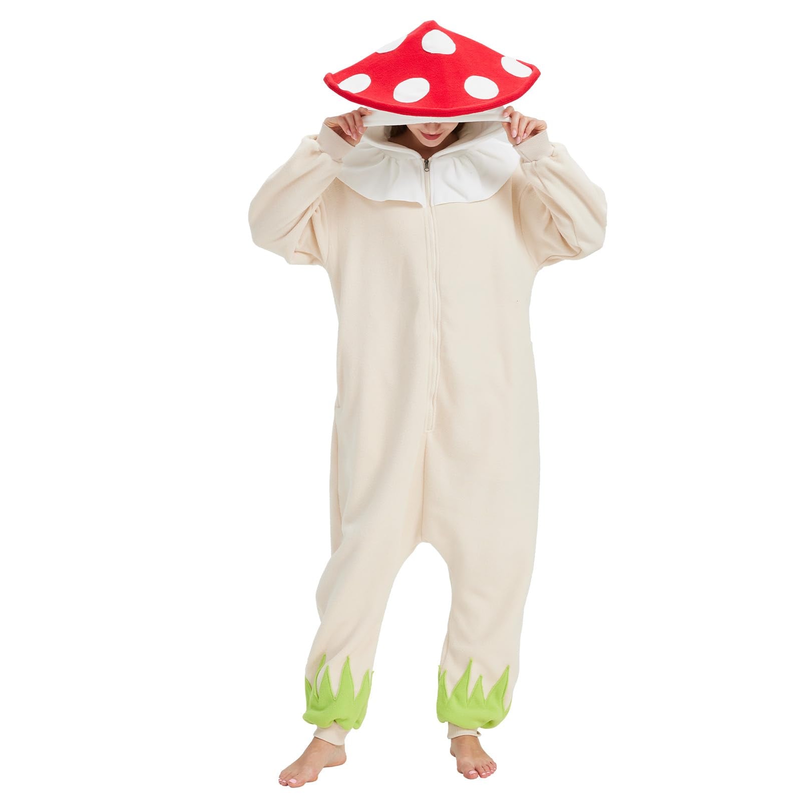 Whimsical Black Mushroom Onesie – Cozy Polar Fleece Pajama Costume with Tassel Hat