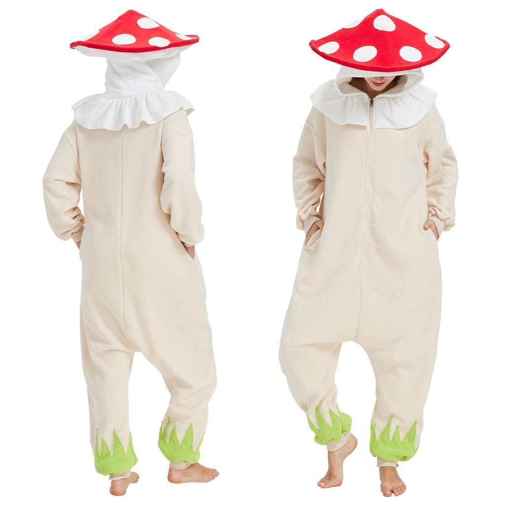 Whimsical Black Mushroom Onesie – Cozy Polar Fleece Pajama Costume with Tassel Hat