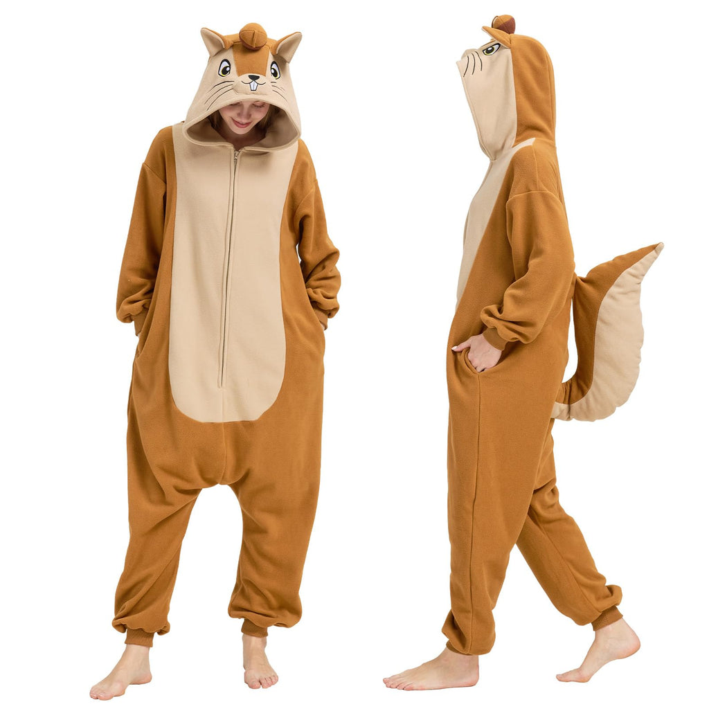 Adult Squirrel Onesie Costume – Woodland Critter Pajamas with Bushy Tail & Embroidered Face for Halloween & Cosplay