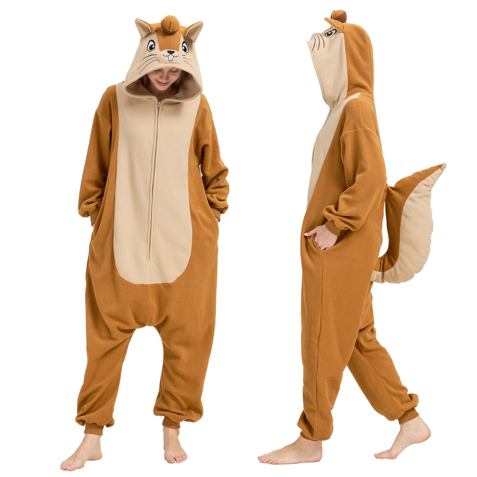 Adult Squirrel Onesie Costume – Woodland Critter Pajamas with Bushy Tail & Embroidered Face for Halloween & Cosplay