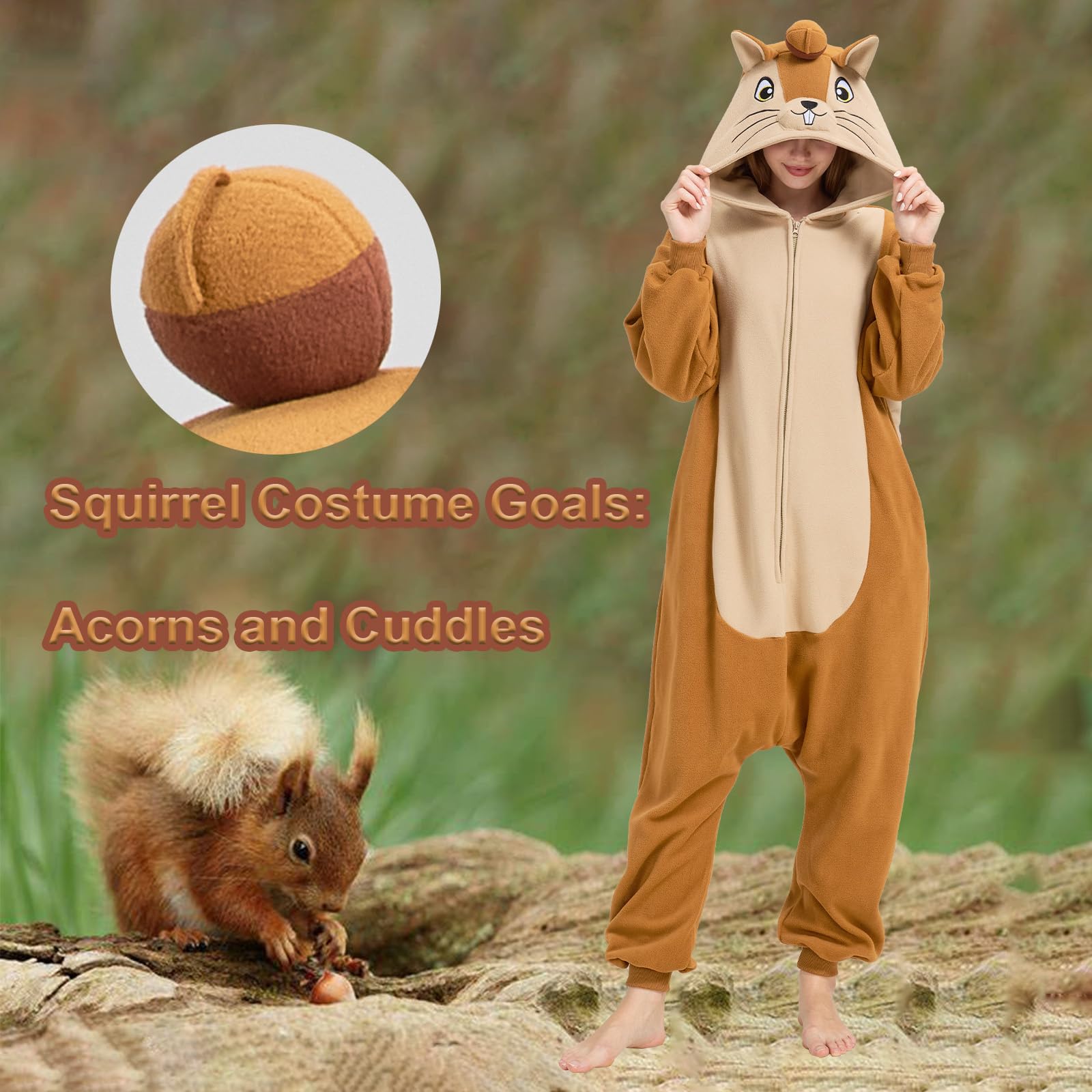 Adult Squirrel Onesie Costume – Woodland Critter Pajamas with Bushy Tail & Embroidered Face for Halloween & Cosplay