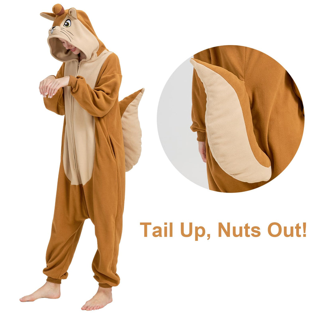 Adult Squirrel Onesie Costume – Woodland Critter Pajamas with Bushy Tail & Embroidered Face for Halloween & Cosplay
