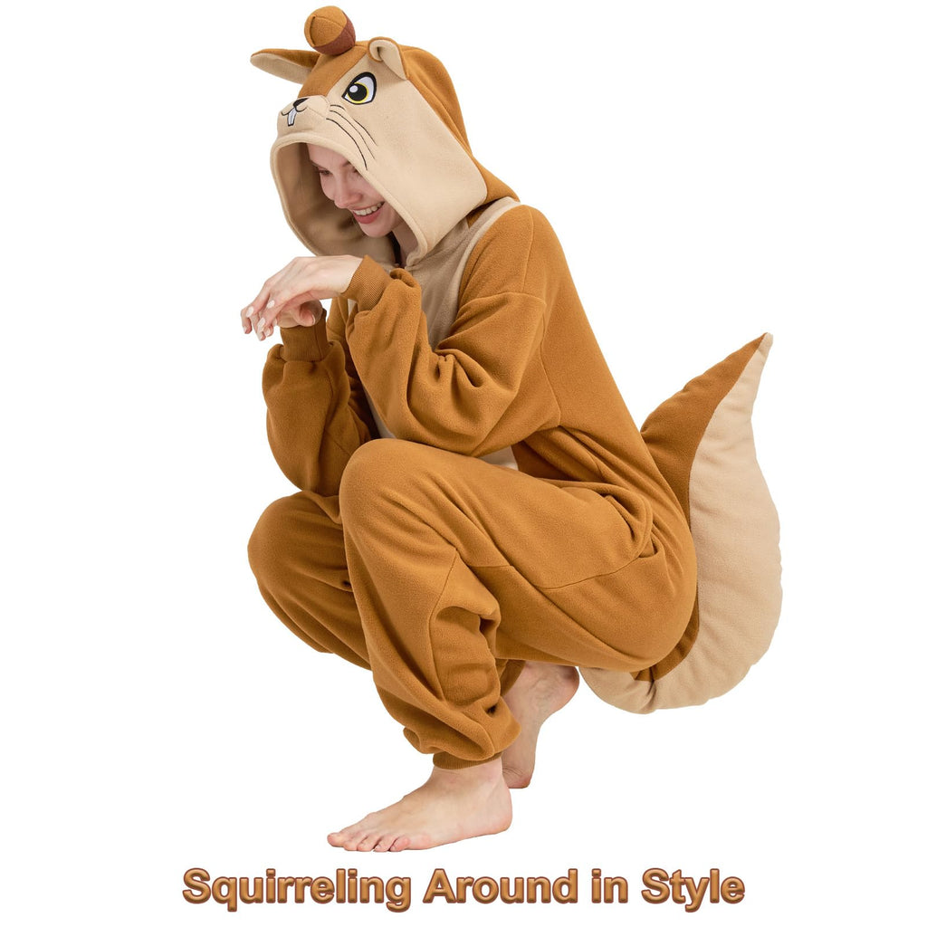 Adult Squirrel Onesie Costume – Woodland Critter Pajamas with Bushy Tail & Embroidered Face for Halloween & Cosplay