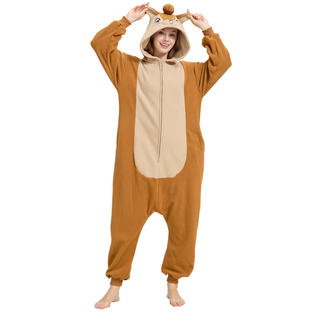 Adult Squirrel Onesie Costume – Woodland Critter Pajamas with Bushy Tail & Embroidered Face for Halloween & Cosplay