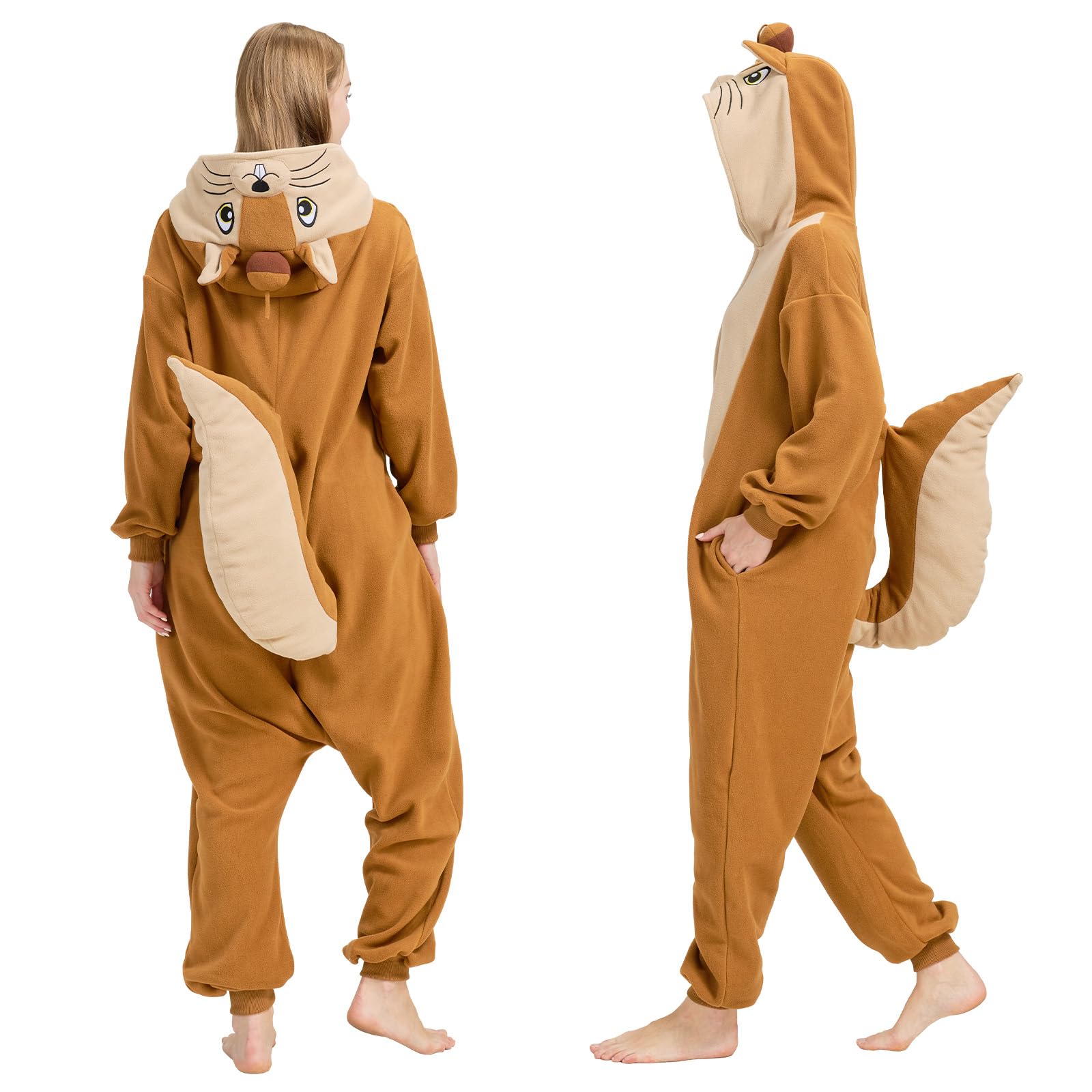 Adult Squirrel Onesie Costume – Woodland Critter Pajamas with Bushy Tail & Embroidered Face for Halloween & Cosplay