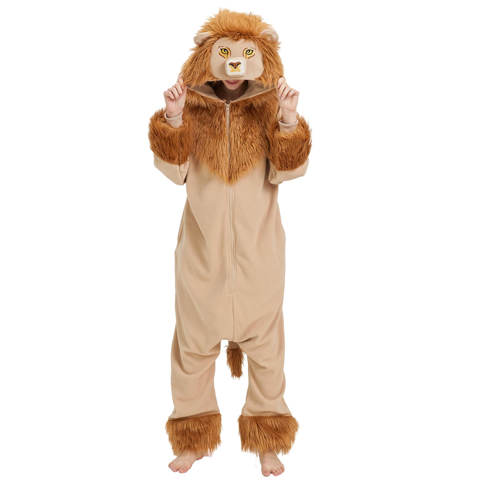 Adult Lion Onesie Costume – Majestic King of the Jungle Pajamas with Embroidered Face & Plush Fur Trim for Halloween
