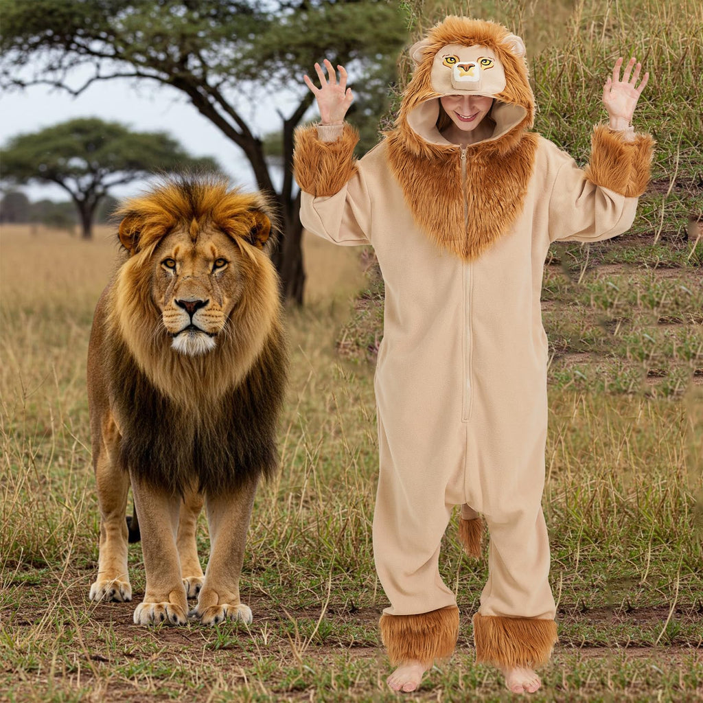 Adult Lion Onesie Costume – Majestic King of the Jungle Pajamas with Embroidered Face & Plush Fur Trim for Halloween