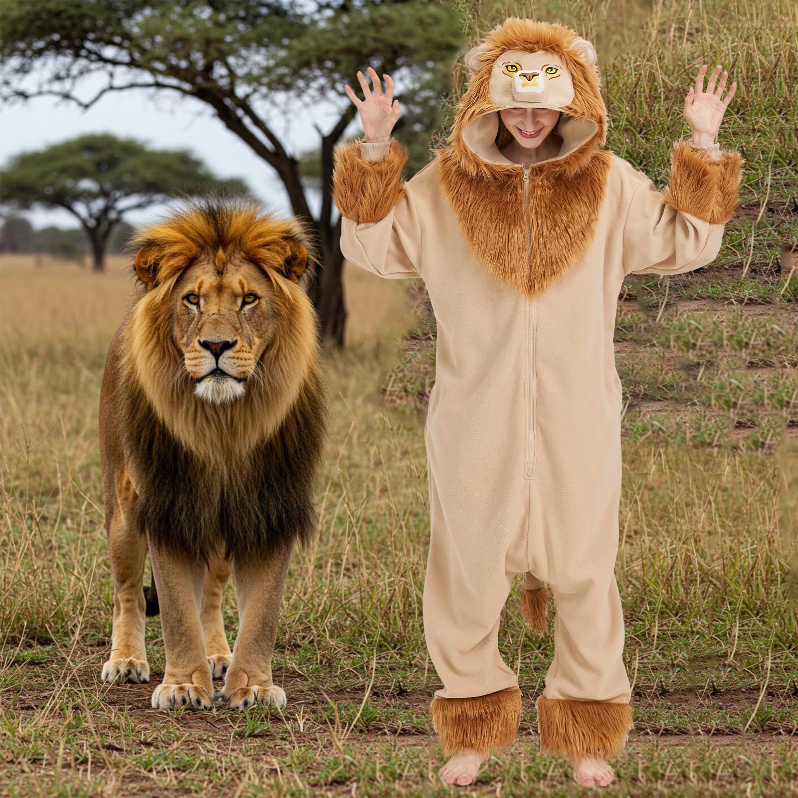 Adult Lion Onesie Costume – Majestic King of the Jungle Pajamas with Embroidered Face & Plush Fur Trim for Halloween