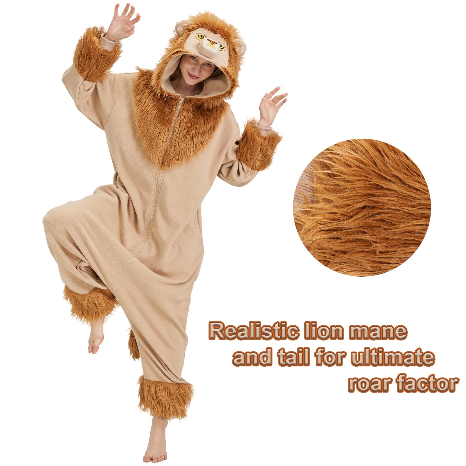 Adult Lion Onesie Costume – Majestic King of the Jungle Pajamas with Embroidered Face & Plush Fur Trim for Halloween