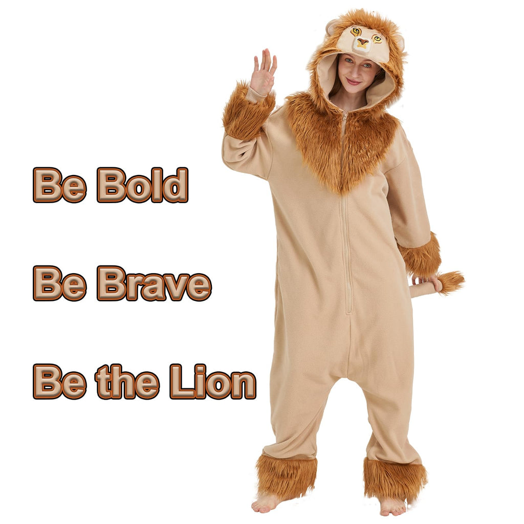 Adult Lion Onesie Costume – Majestic King of the Jungle Pajamas with Embroidered Face & Plush Fur Trim for Halloween