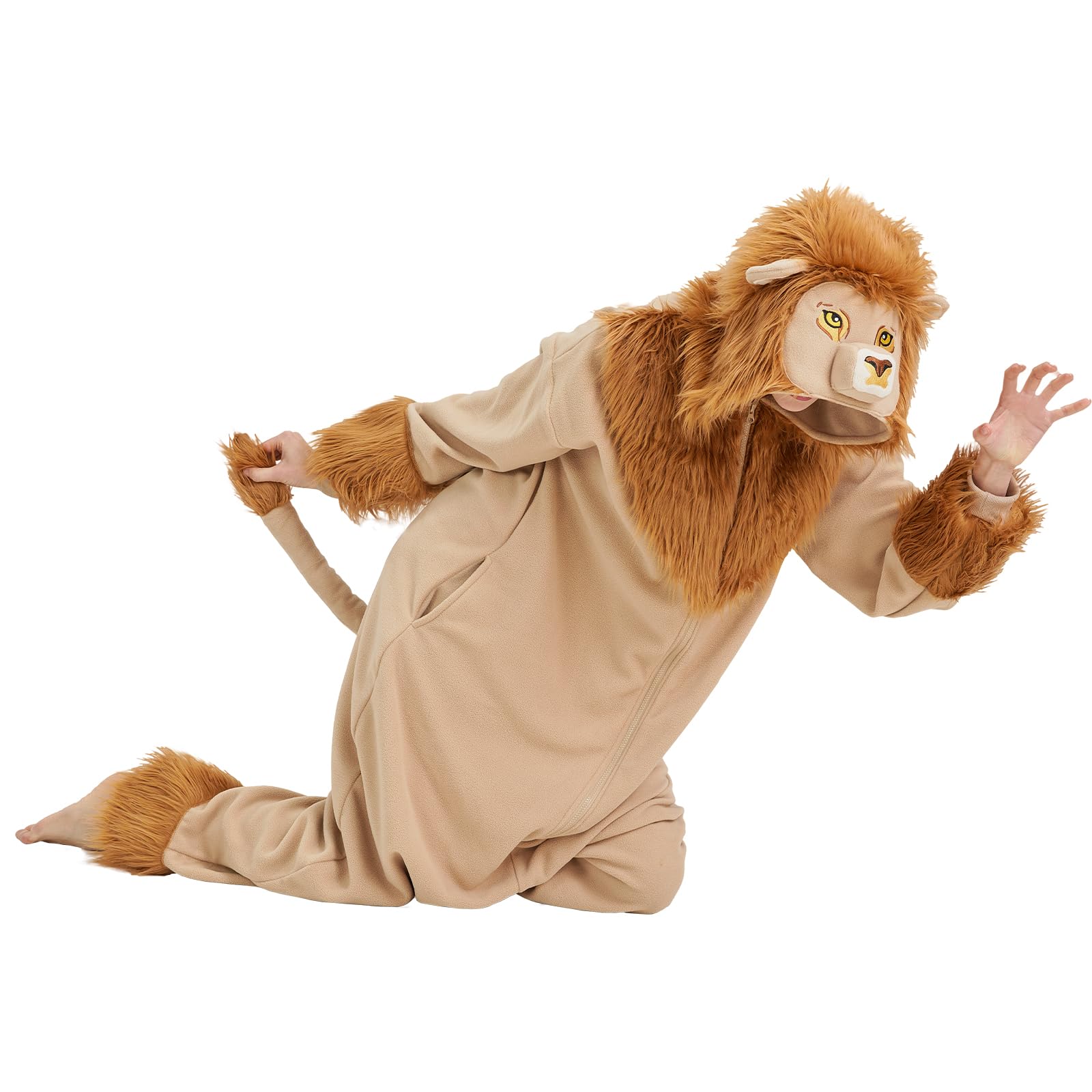 Adult Lion Onesie Costume – Majestic King of the Jungle Pajamas with Embroidered Face & Plush Fur Trim for Halloween