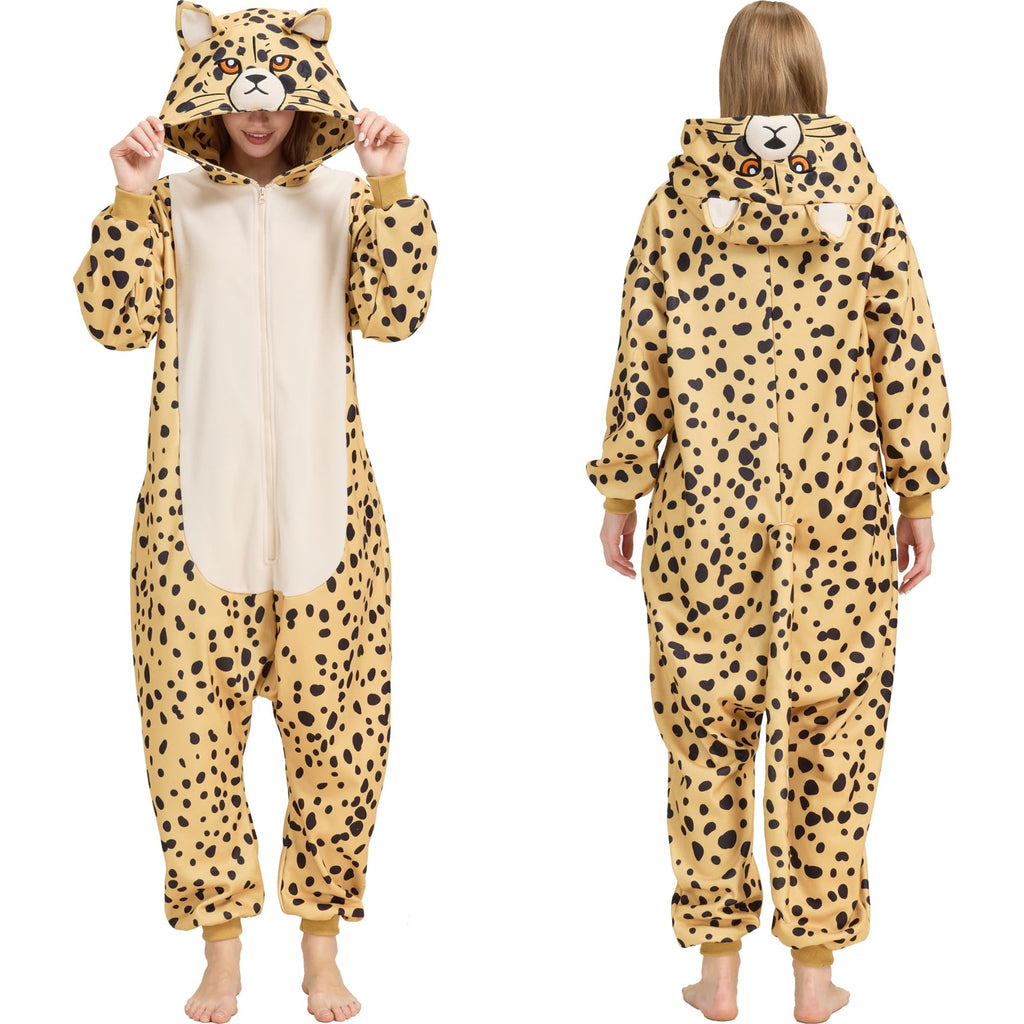 Adult Cheetah Onesie Costume – Wildcat Pajamas with Spotted Print & Cute Tail for Halloween & Cosplay