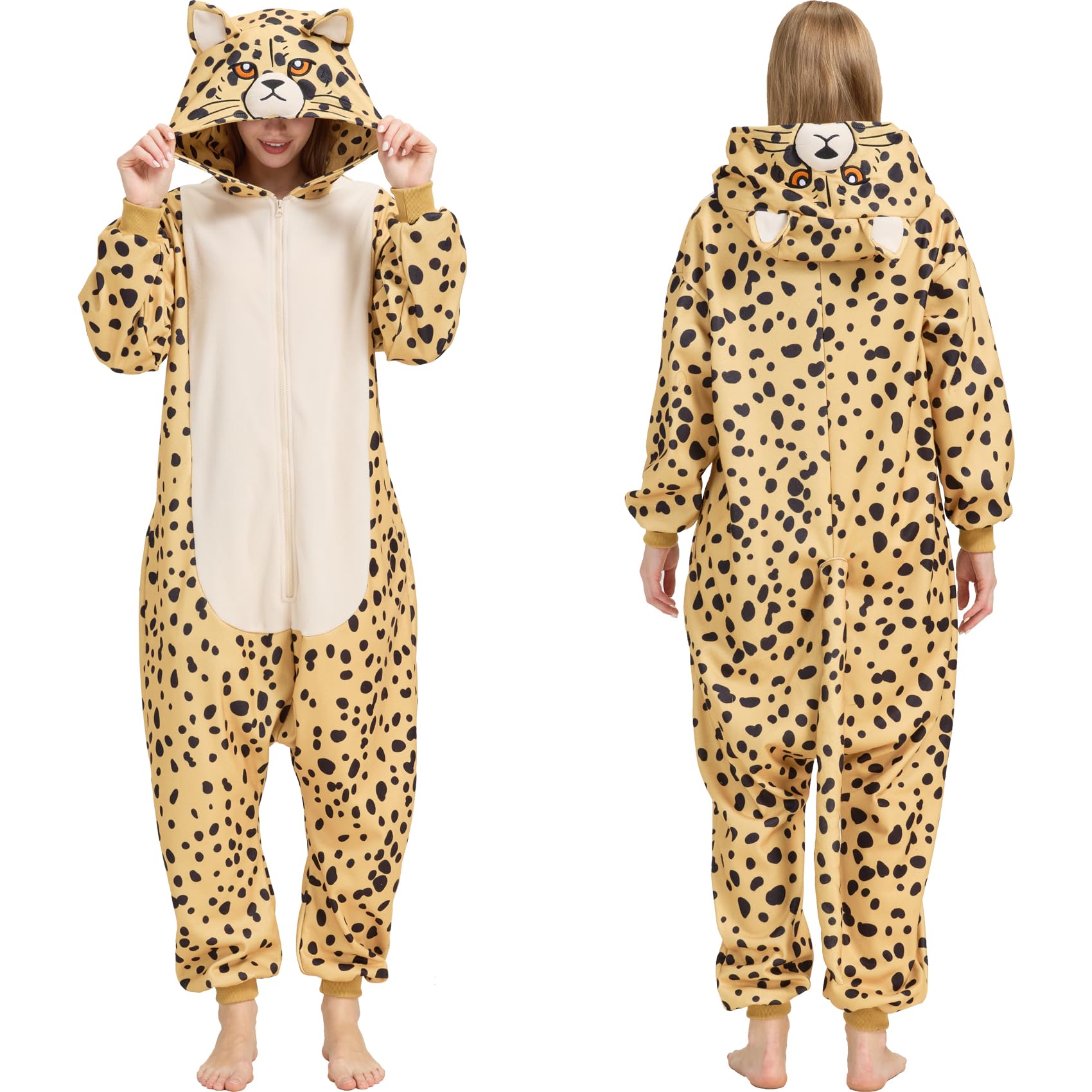 Adult Cheetah Onesie Costume – Wildcat Pajamas with Spotted Print & Cute Tail for Halloween & Cosplay