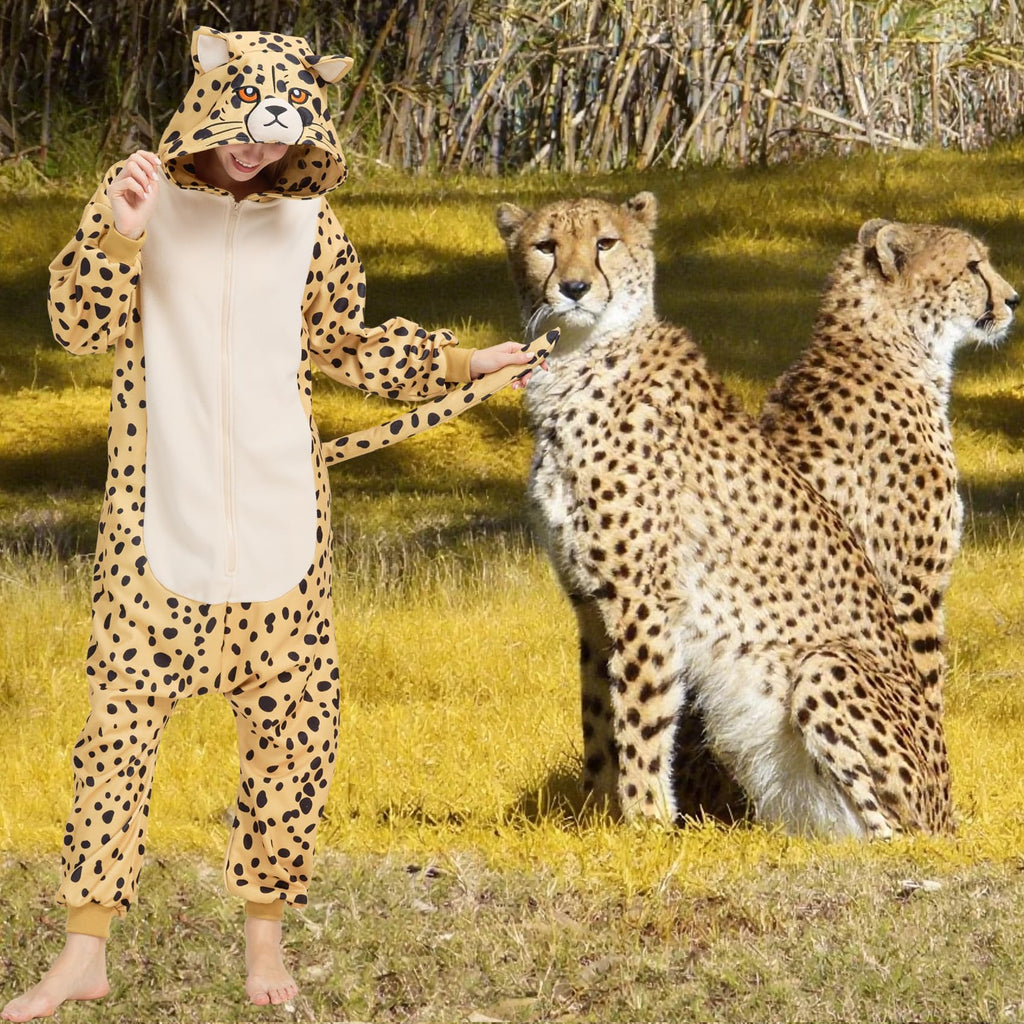 Adult Cheetah Onesie Costume – Wildcat Pajamas with Spotted Print & Cute Tail for Halloween & Cosplay