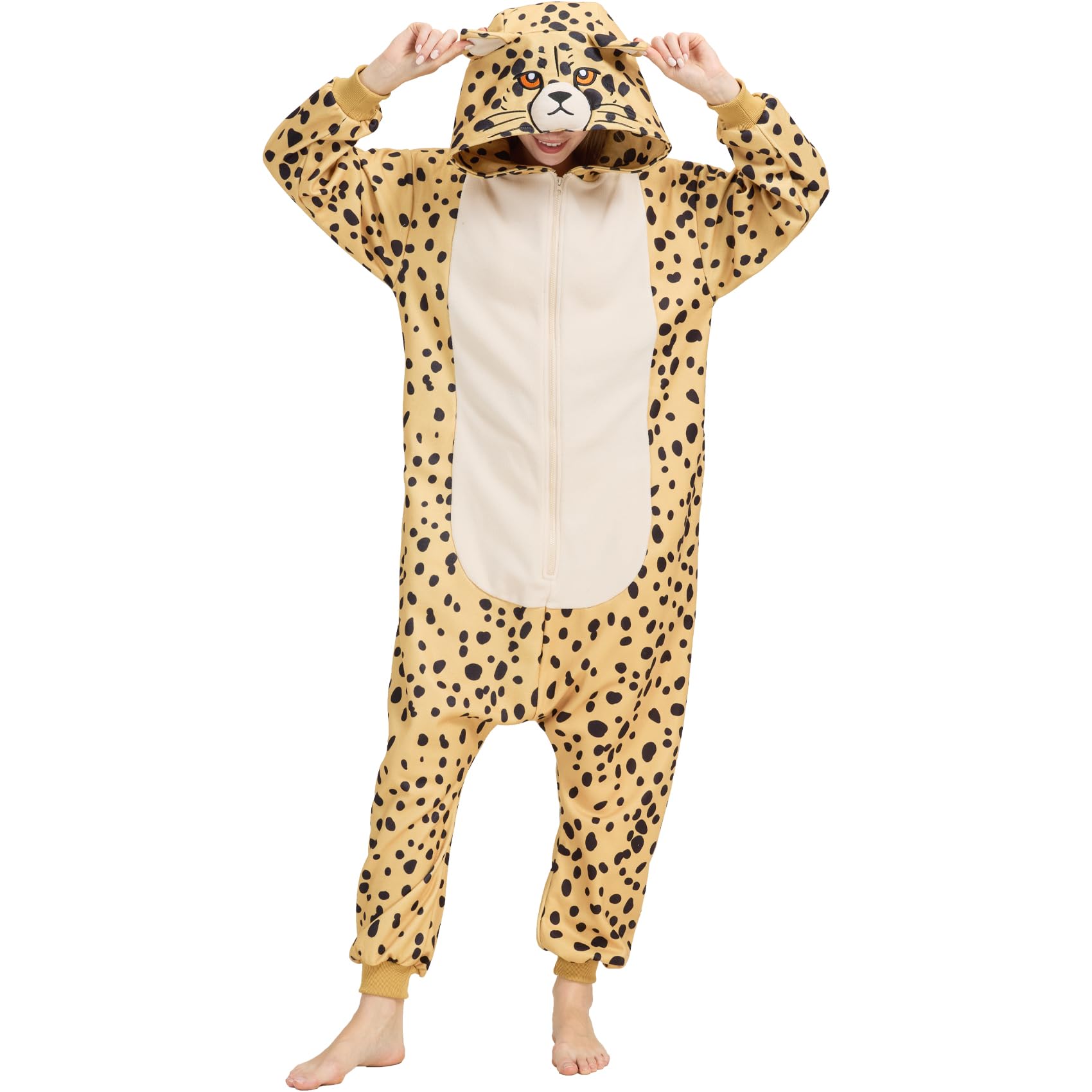 Adult Cheetah Onesie Costume – Wildcat Pajamas with Spotted Print & Cute Tail for Halloween & Cosplay