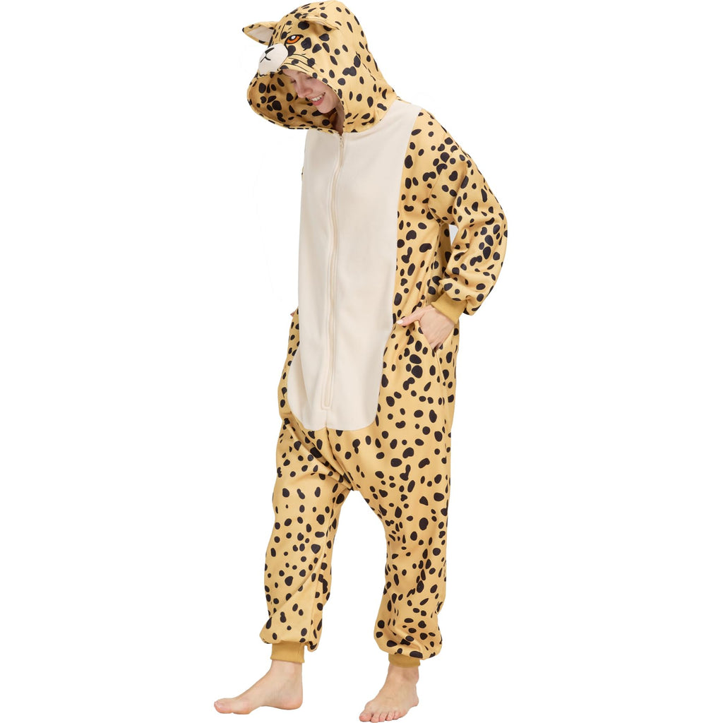 Adult Cheetah Onesie Costume – Wildcat Pajamas with Spotted Print & Cute Tail for Halloween & Cosplay