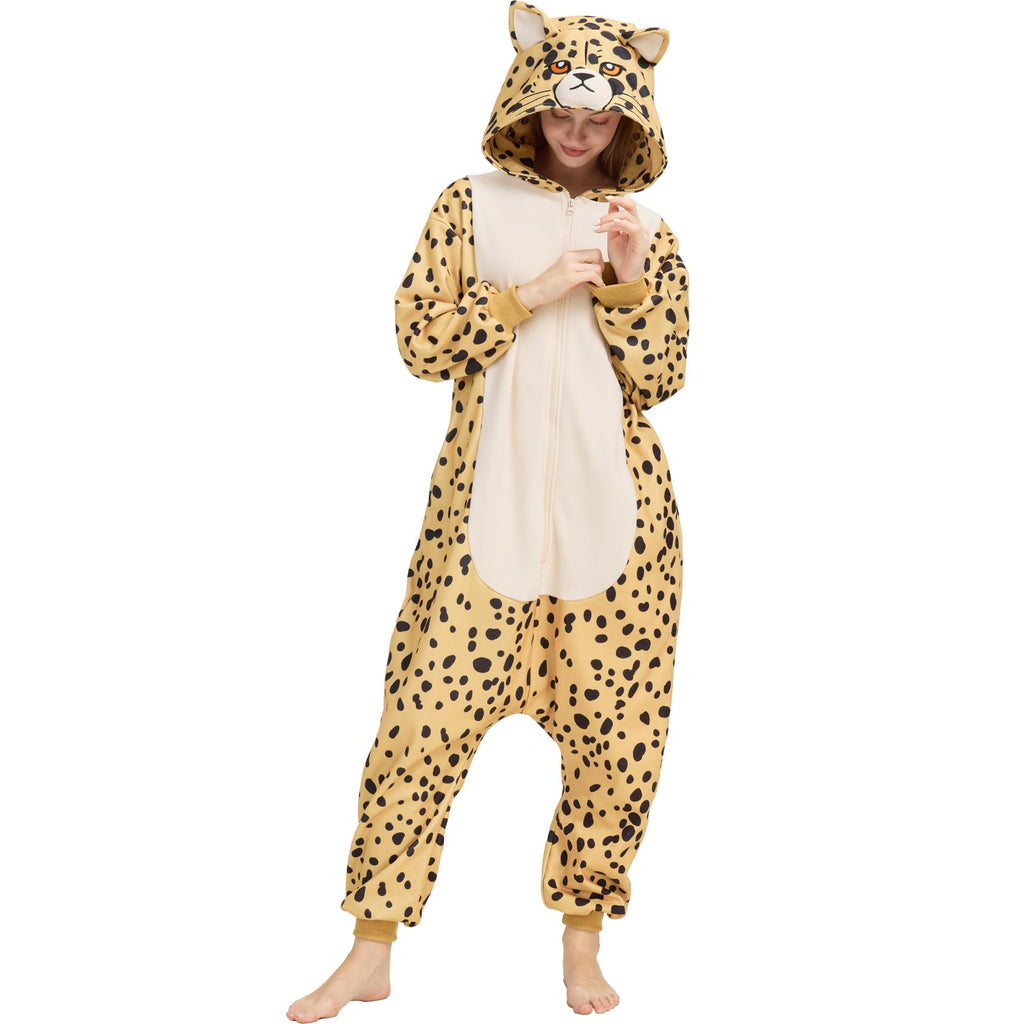 Adult Cheetah Onesie Costume – Wildcat Pajamas with Spotted Print & Cute Tail for Halloween & Cosplay