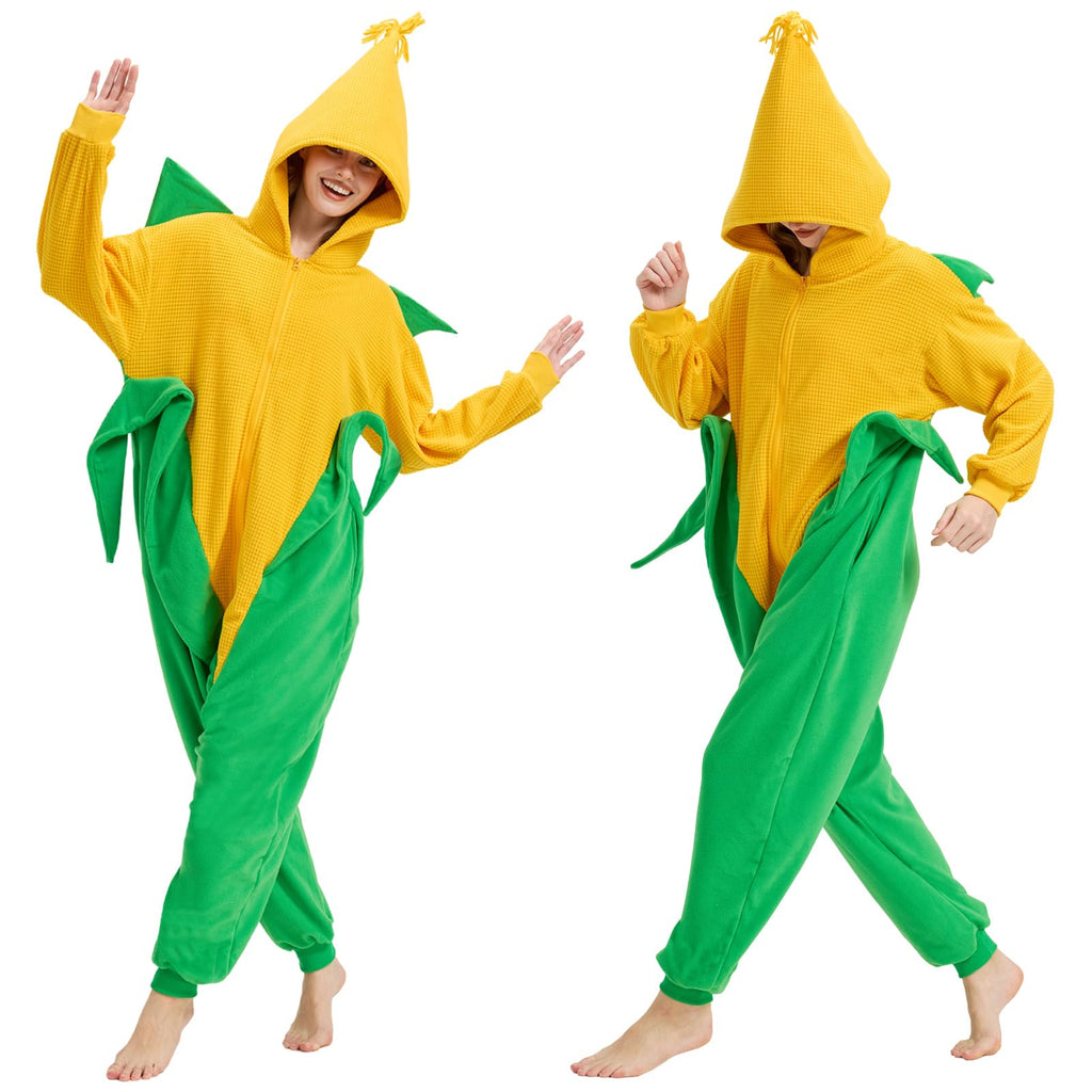 Adult Corn Onesie Costume – Funny Vegetable Pajamas with Unique Corn Design for Halloween & Costume Parties