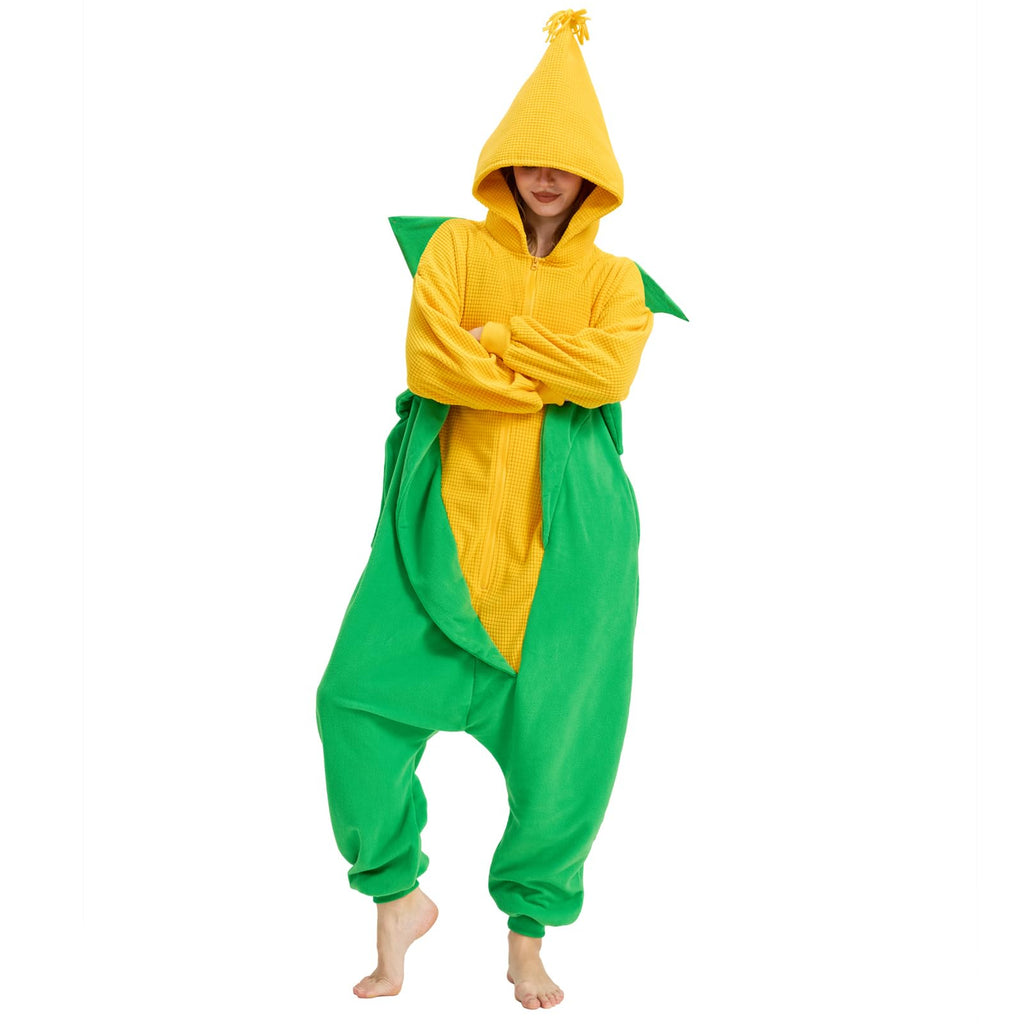 Adult Corn Onesie Costume – Funny Vegetable Pajamas with Unique Corn Design for Halloween & Costume Parties