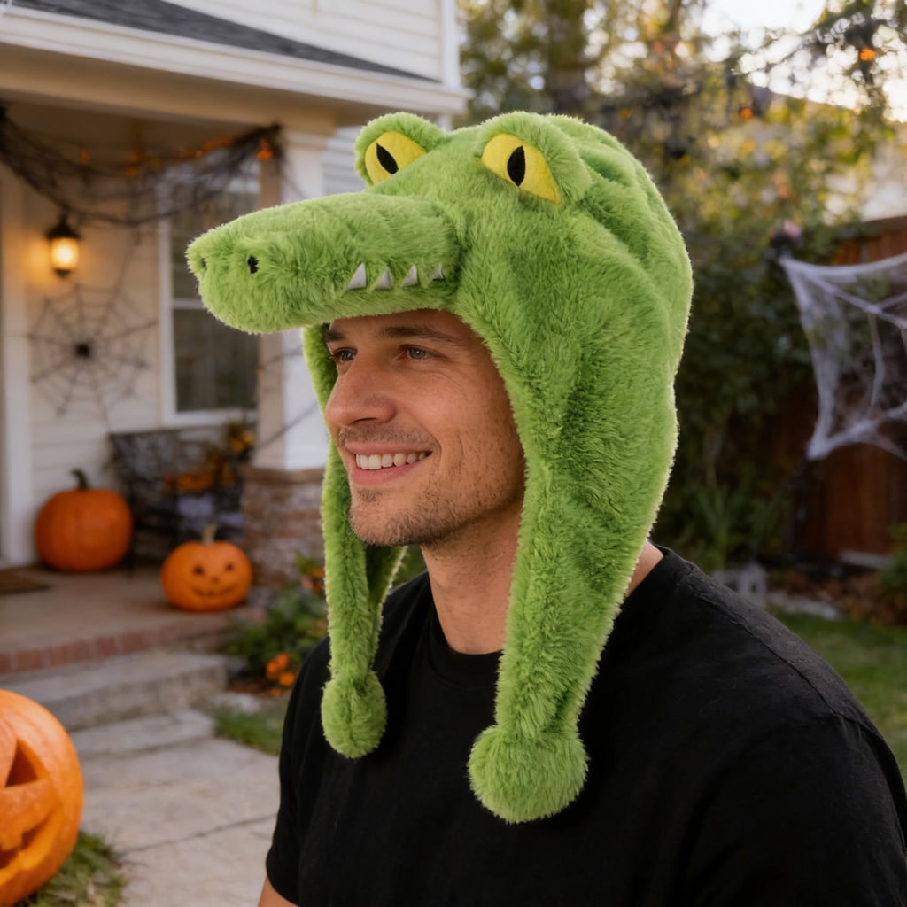Funny Crocodile Plush Hat – Cozy Alligator Animal Hood with Teeth & Flaps
