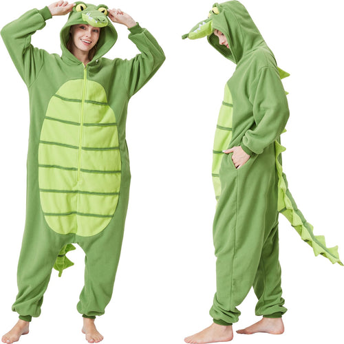 Adult Alligator Crocodile Onesie Costume – Realistic Reptile Pajamas with Dorsal Fins & Tail for Halloween