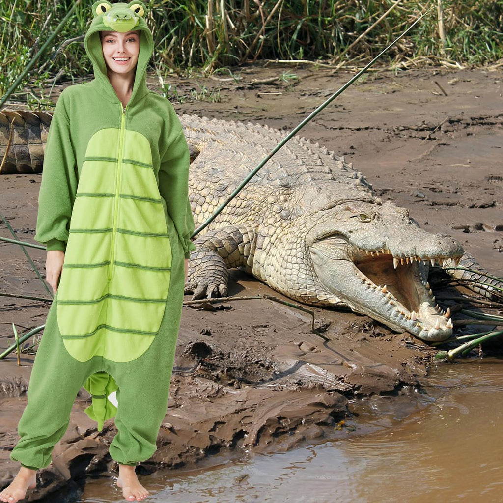 Adult Alligator Crocodile Onesie Costume – Realistic Reptile Pajamas with Dorsal Fins & Tail for Halloween