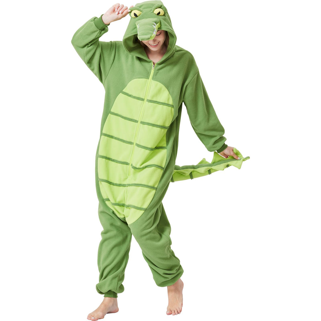 Adult Alligator Crocodile Onesie Costume – Realistic Reptile Pajamas with Dorsal Fins & Tail for Halloween