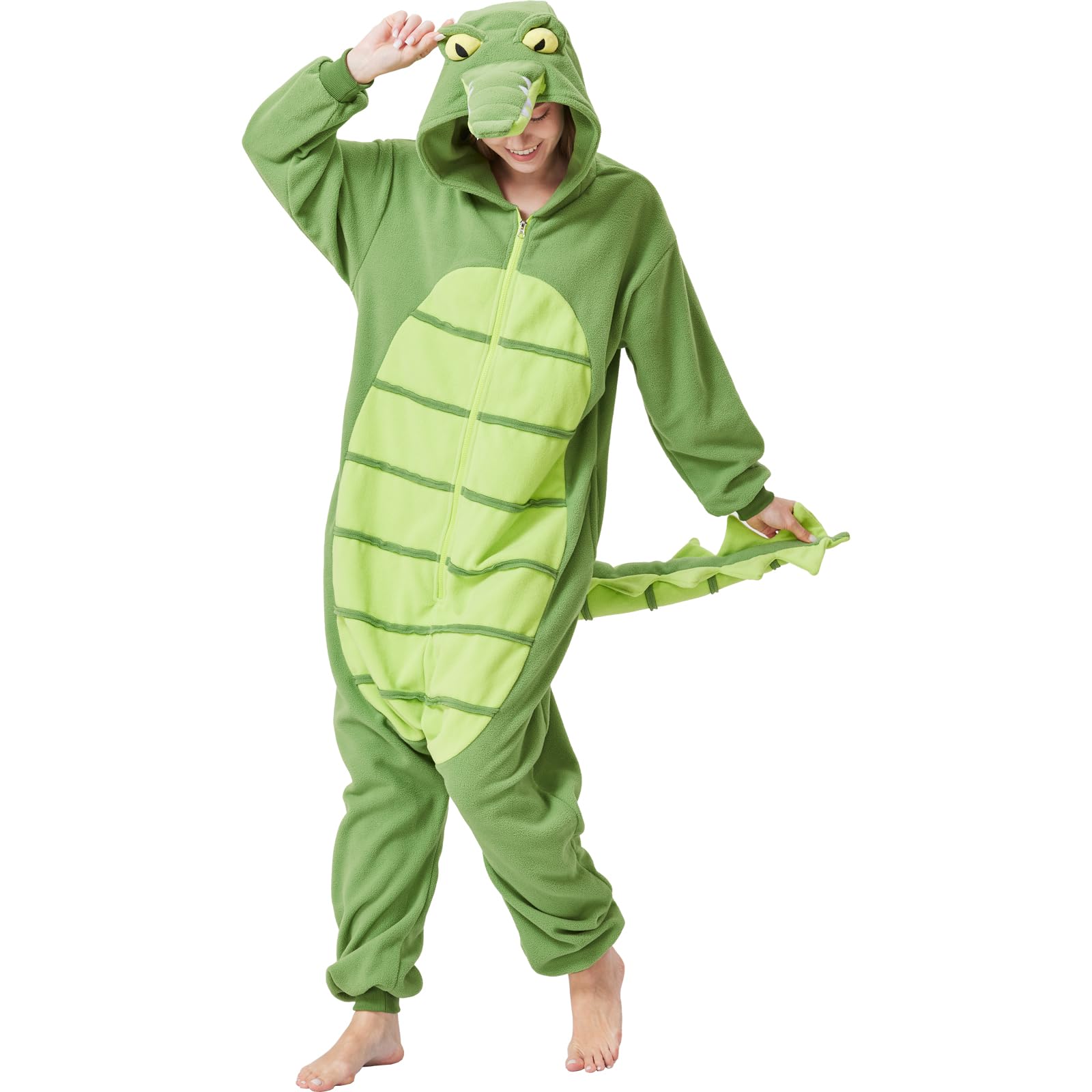 Adult Alligator Crocodile Onesie Costume – Realistic Reptile Pajamas with Dorsal Fins & Tail for Halloween