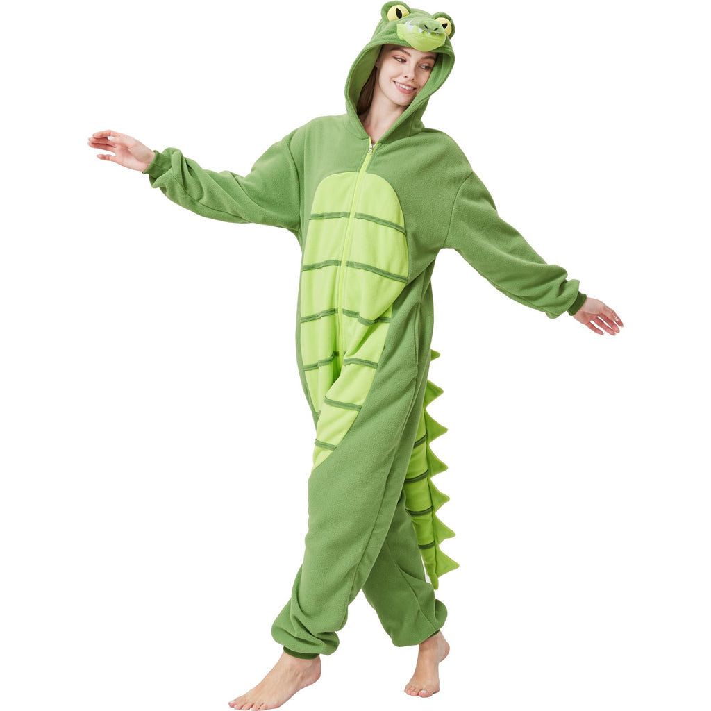Adult Alligator Crocodile Onesie Costume – Realistic Reptile Pajamas with Dorsal Fins & Tail for Halloween