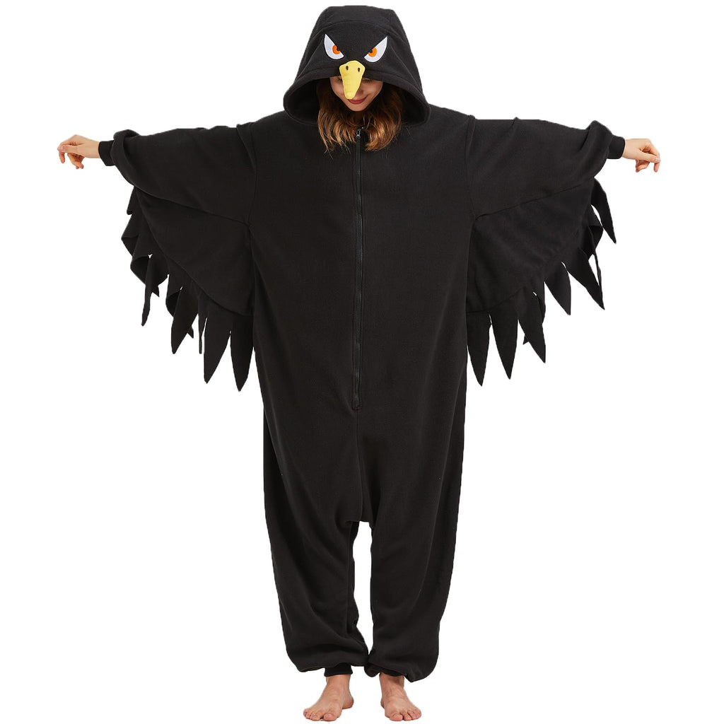 Adult Crow Onesie Costume – Black Bird Pajamas with Realistic Tail & Feather Details for Halloween & Cosplay