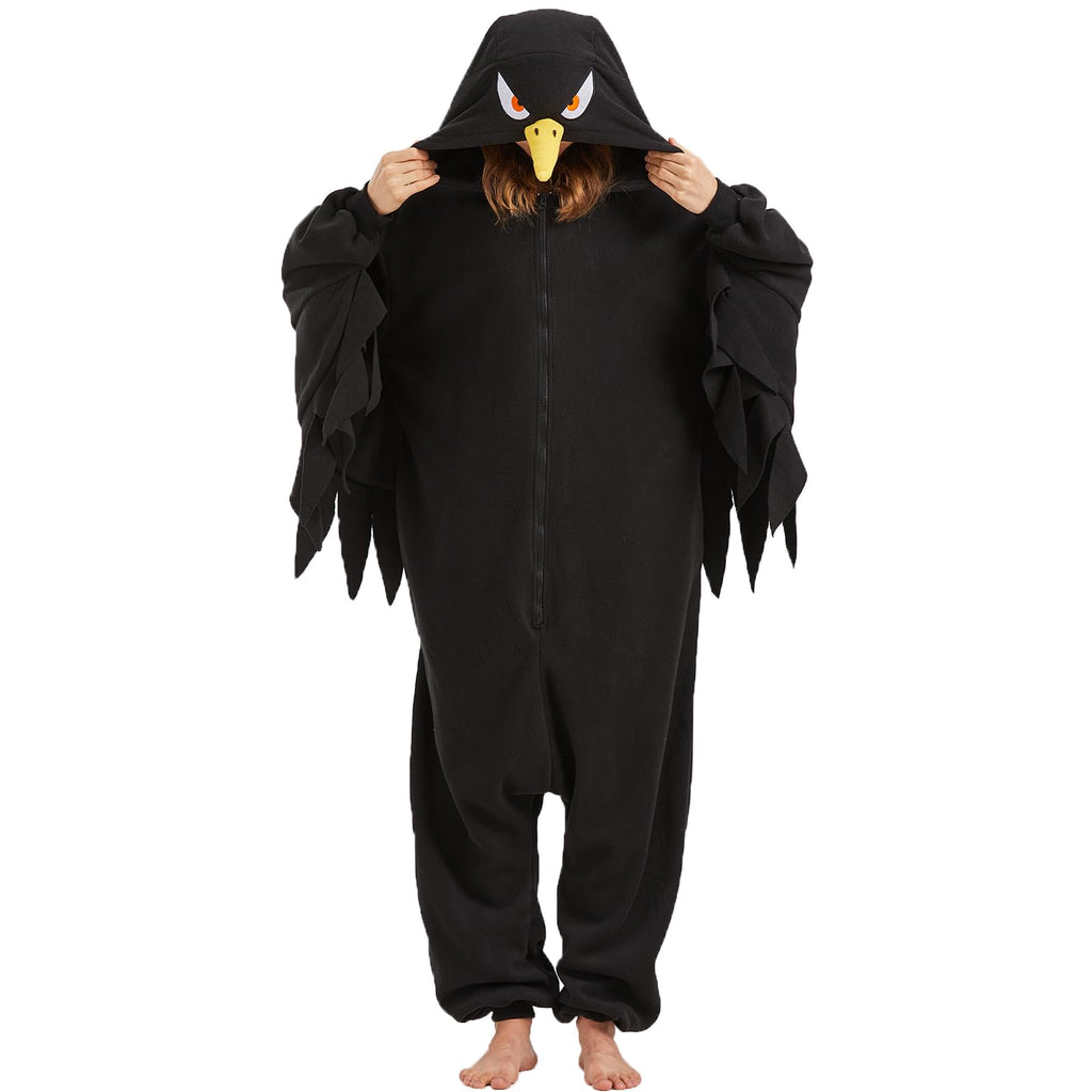 Adult Crow Onesie Costume – Black Bird Pajamas with Realistic Tail & Feather Details for Halloween & Cosplay