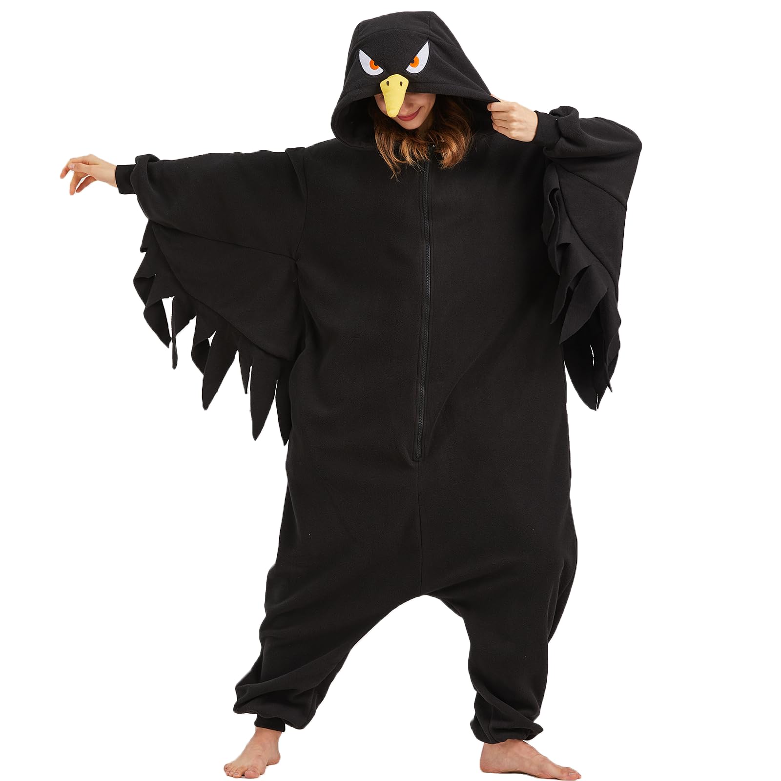 Adult Crow Onesie Costume – Black Bird Pajamas with Realistic Tail & Feather Details for Halloween & Cosplay