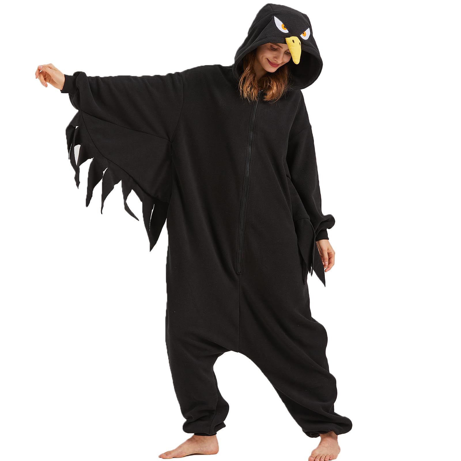 Adult Crow Onesie Costume – Black Bird Pajamas with Realistic Tail & Feather Details for Halloween & Cosplay