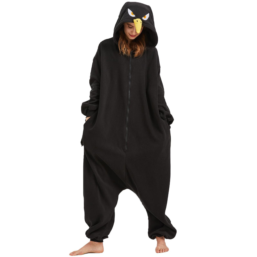 Adult Crow Onesie Costume – Black Bird Pajamas with Realistic Tail & Feather Details for Halloween & Cosplay