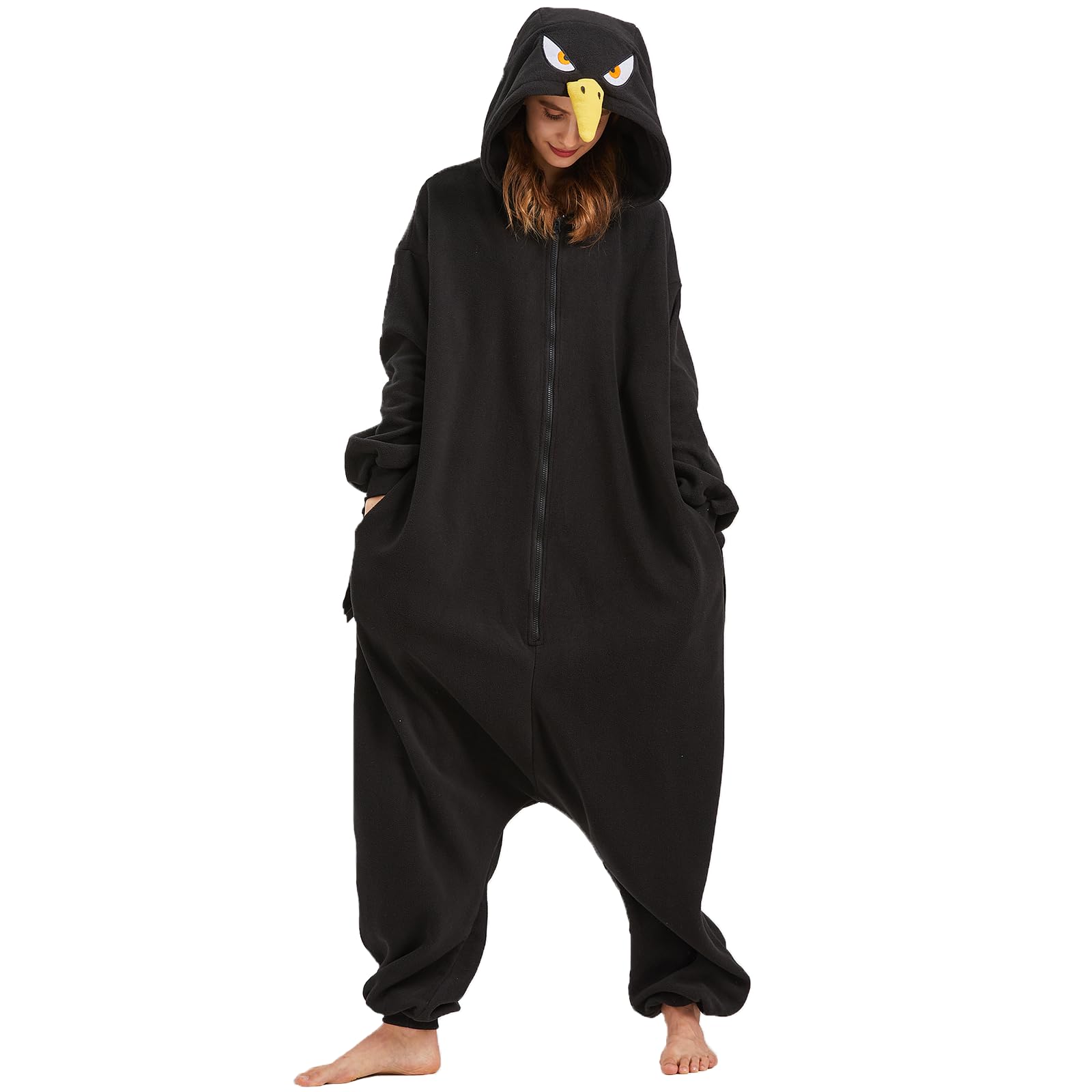 Adult Crow Onesie Costume – Black Bird Pajamas with Realistic Tail & Feather Details for Halloween & Cosplay