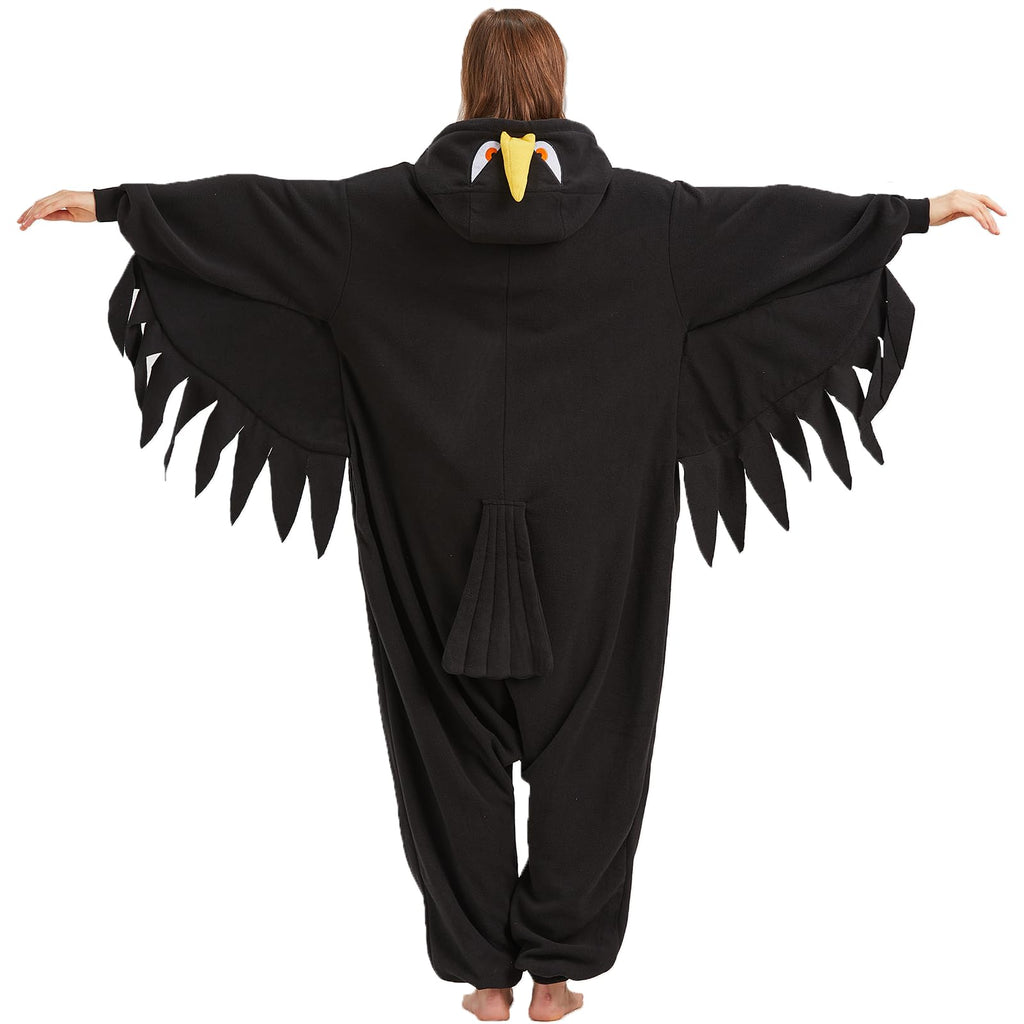 Adult Crow Onesie Costume – Black Bird Pajamas with Realistic Tail & Feather Details for Halloween & Cosplay