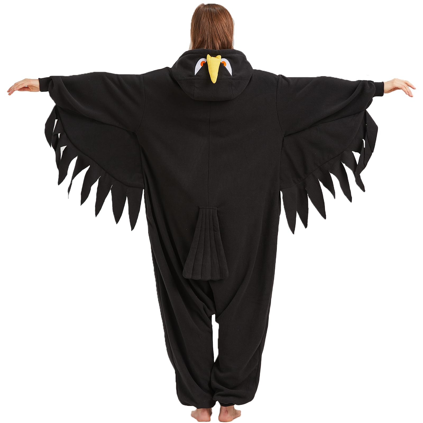 Adult Crow Onesie Costume – Black Bird Pajamas with Realistic Tail & Feather Details for Halloween & Cosplay