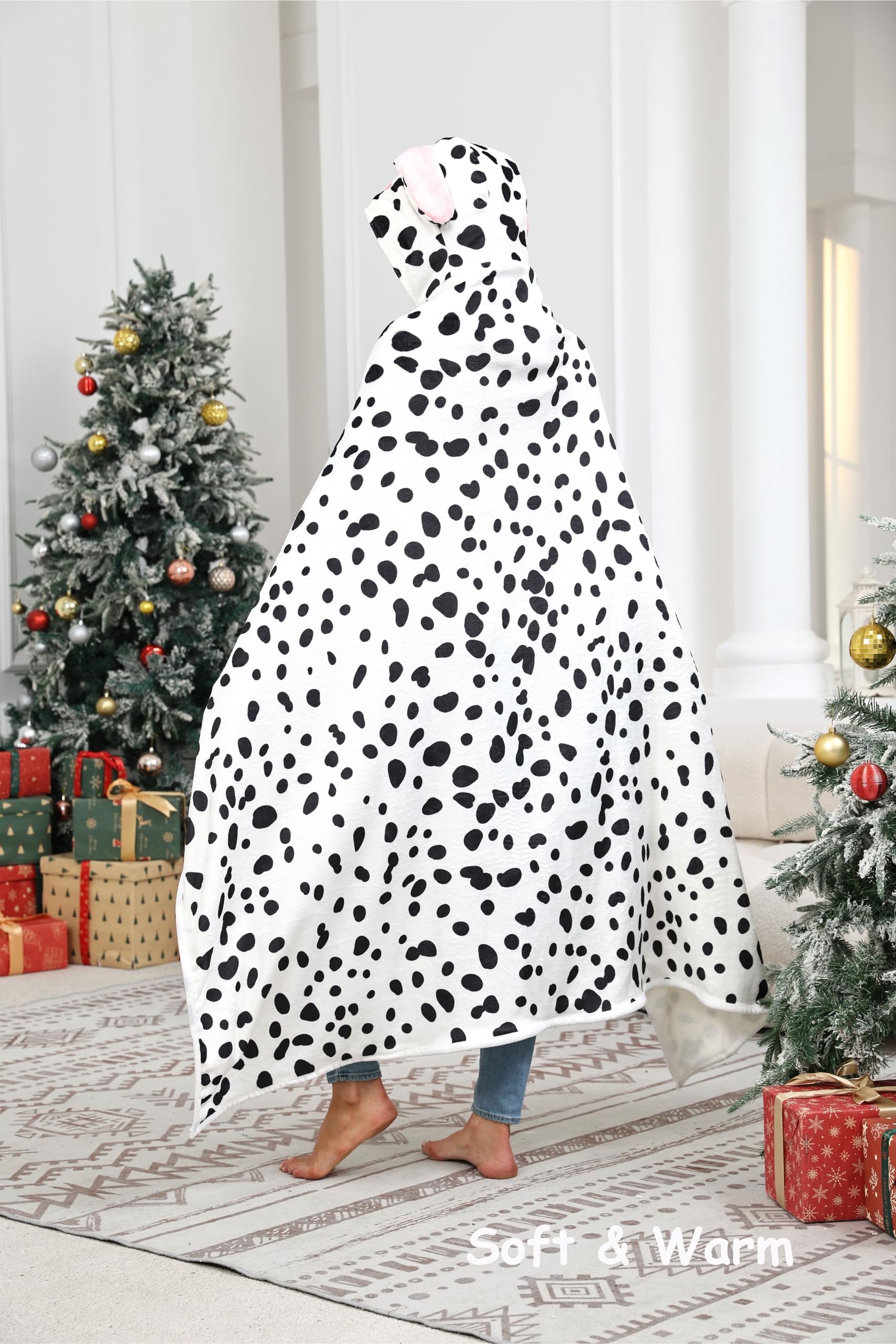 Dalmatian Hooded Blanket – Wearable Cozy Cape with Dog Ears Hood for Adults, Unisex Flannel Fleece Throw