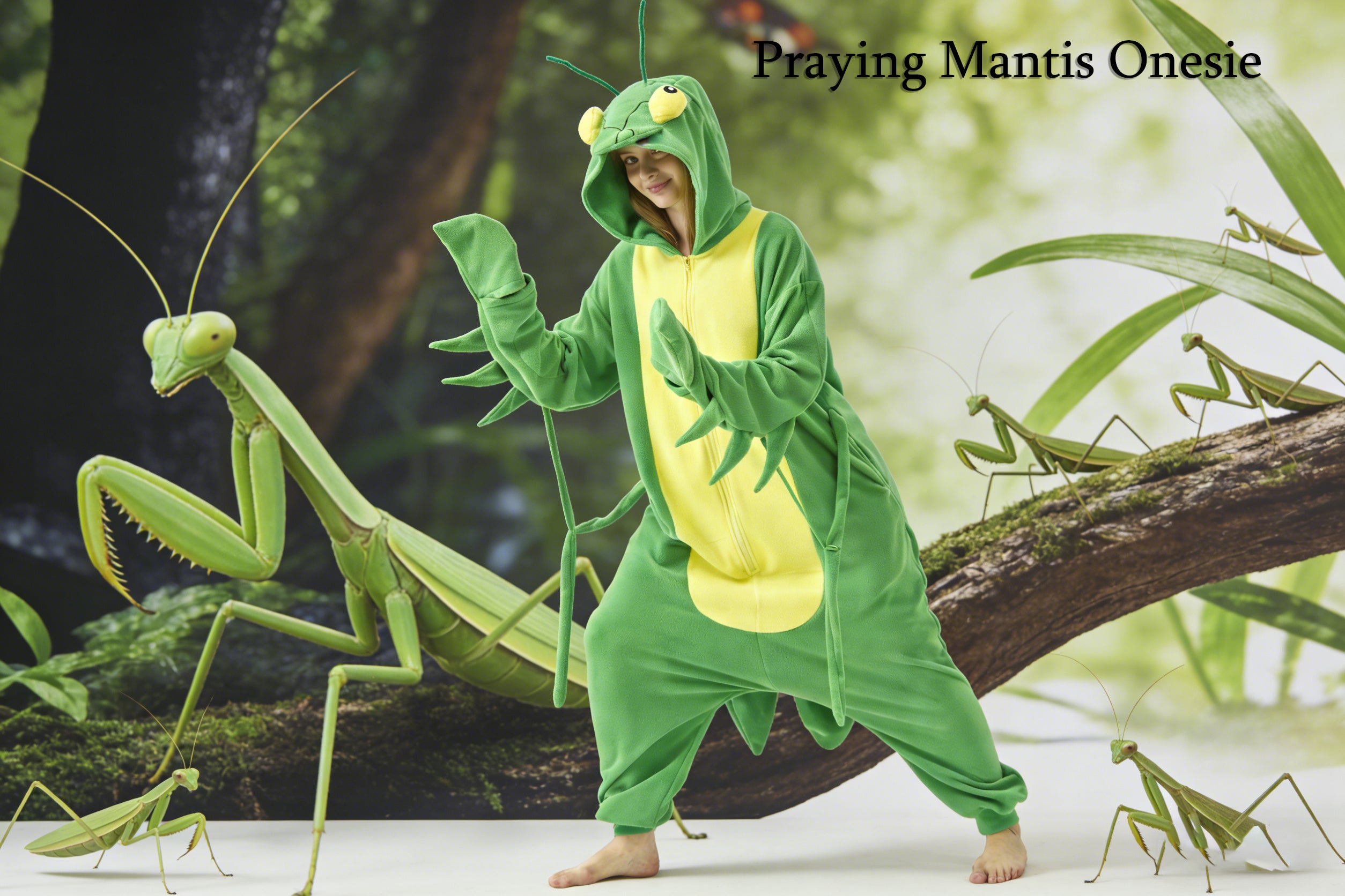 Praying Mantis Onesie Costume – Fun Polar Fleece Insect Pajamas for Adults