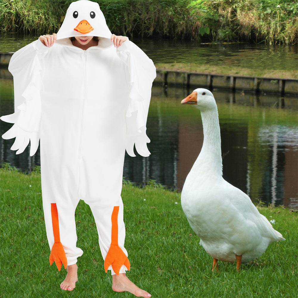 Adult Goose Onesie Costume – Funny Honking Bird Pajamas with Realistic Wings & Webbed Feet for Halloween