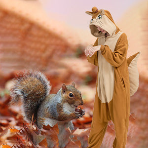 Adult Squirrel Onesie Costume – Woodland Critter Pajamas with Bushy Tail & Embroidered Face for Halloween & Cosplay