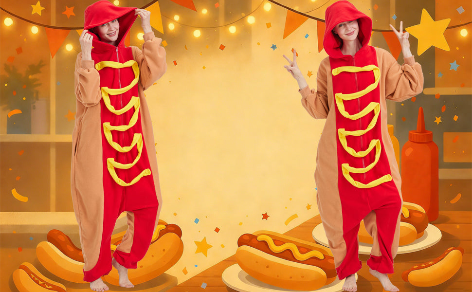 Adult Hot Dog Onesie Costume – Funny Food Pajamas with Removable Mustard Strip for Halloween & Costume Parties