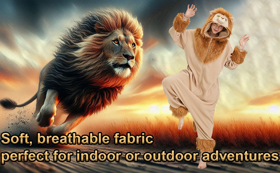 Adult Lion Onesie Costume – Majestic King of the Jungle Pajamas with Embroidered Face & Plush Fur Trim for Halloween