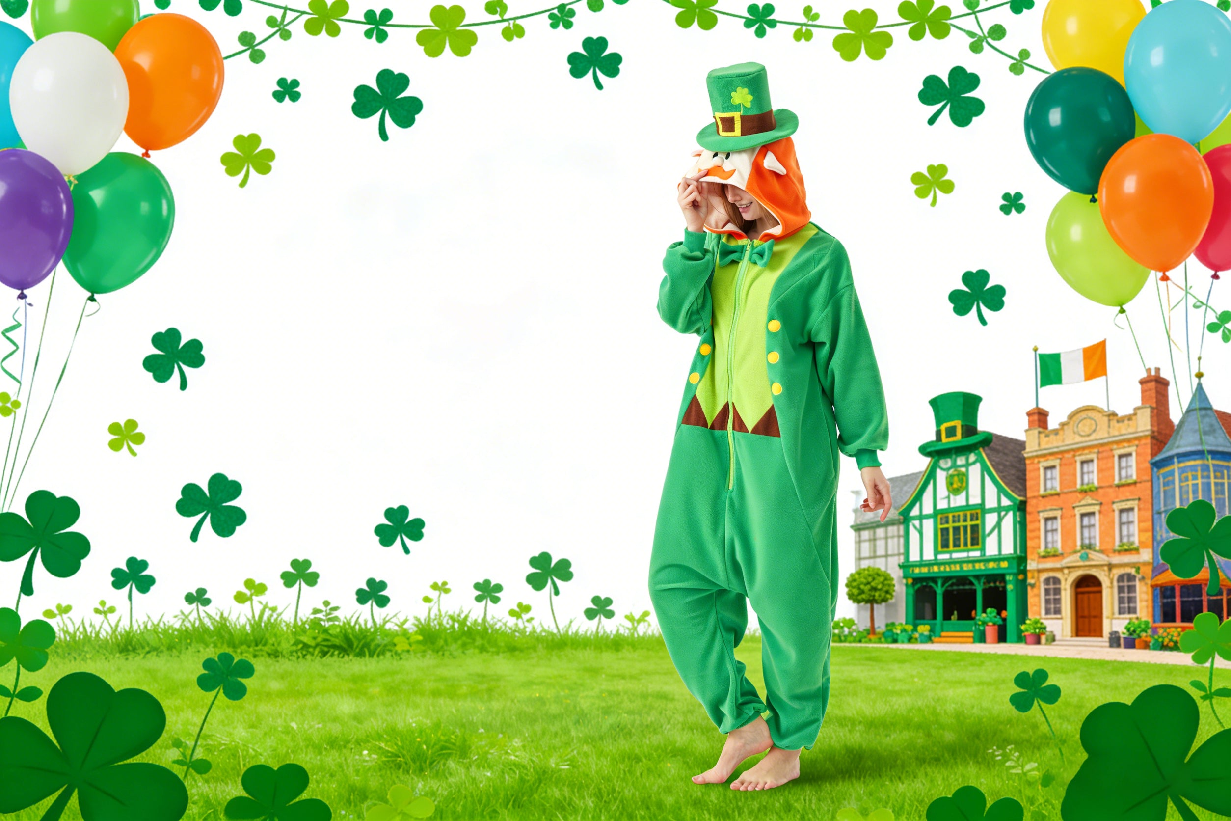 Men's Leprechaun Onesie Costume – St. Patrick's Day Green Irish Fancy Dress Suit with Hat & Beard
