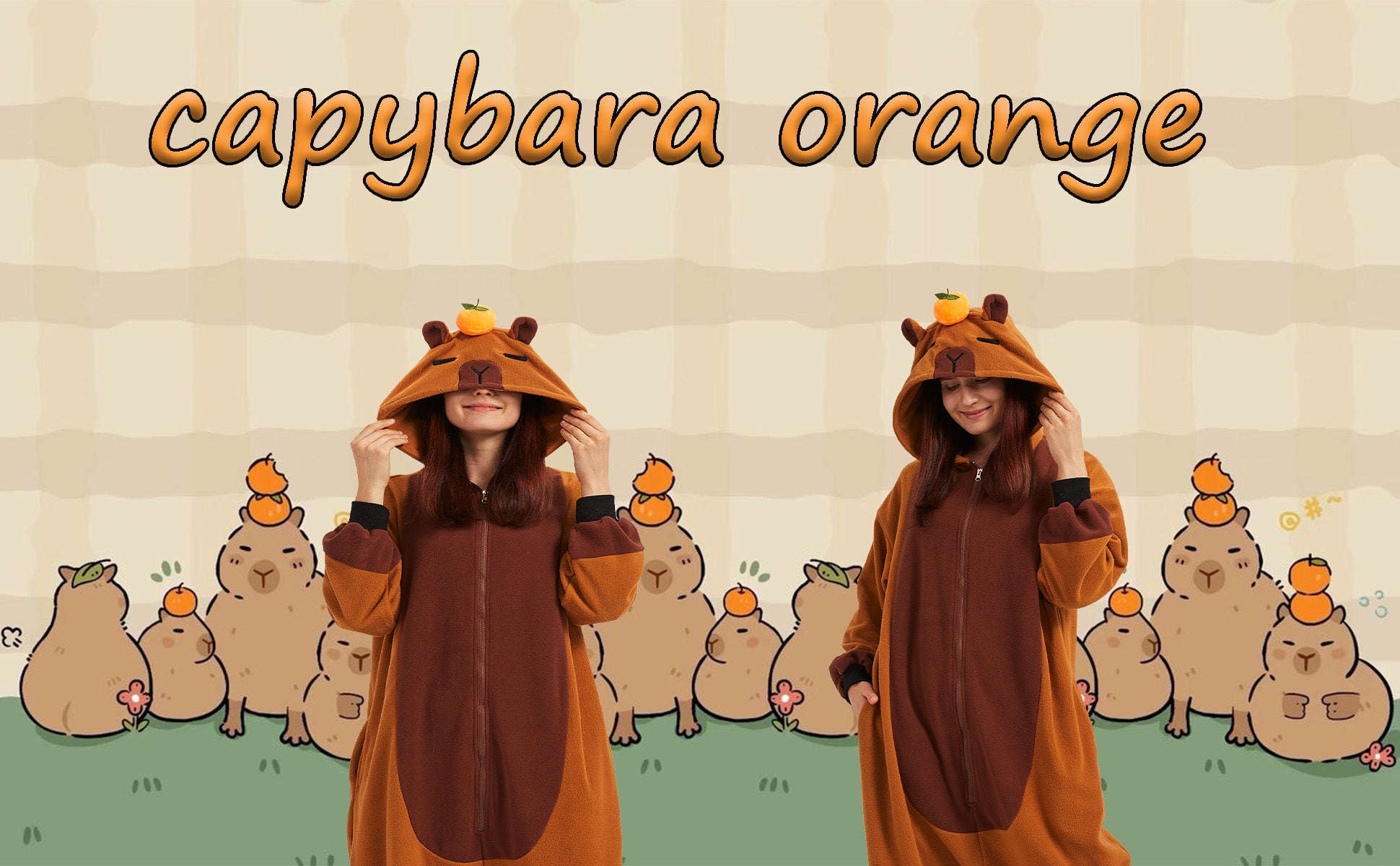 Adult Capybara Onesie Costume – Cozy Rodent Pajamas with Orange Slice Accent for Halloween & Cosplay