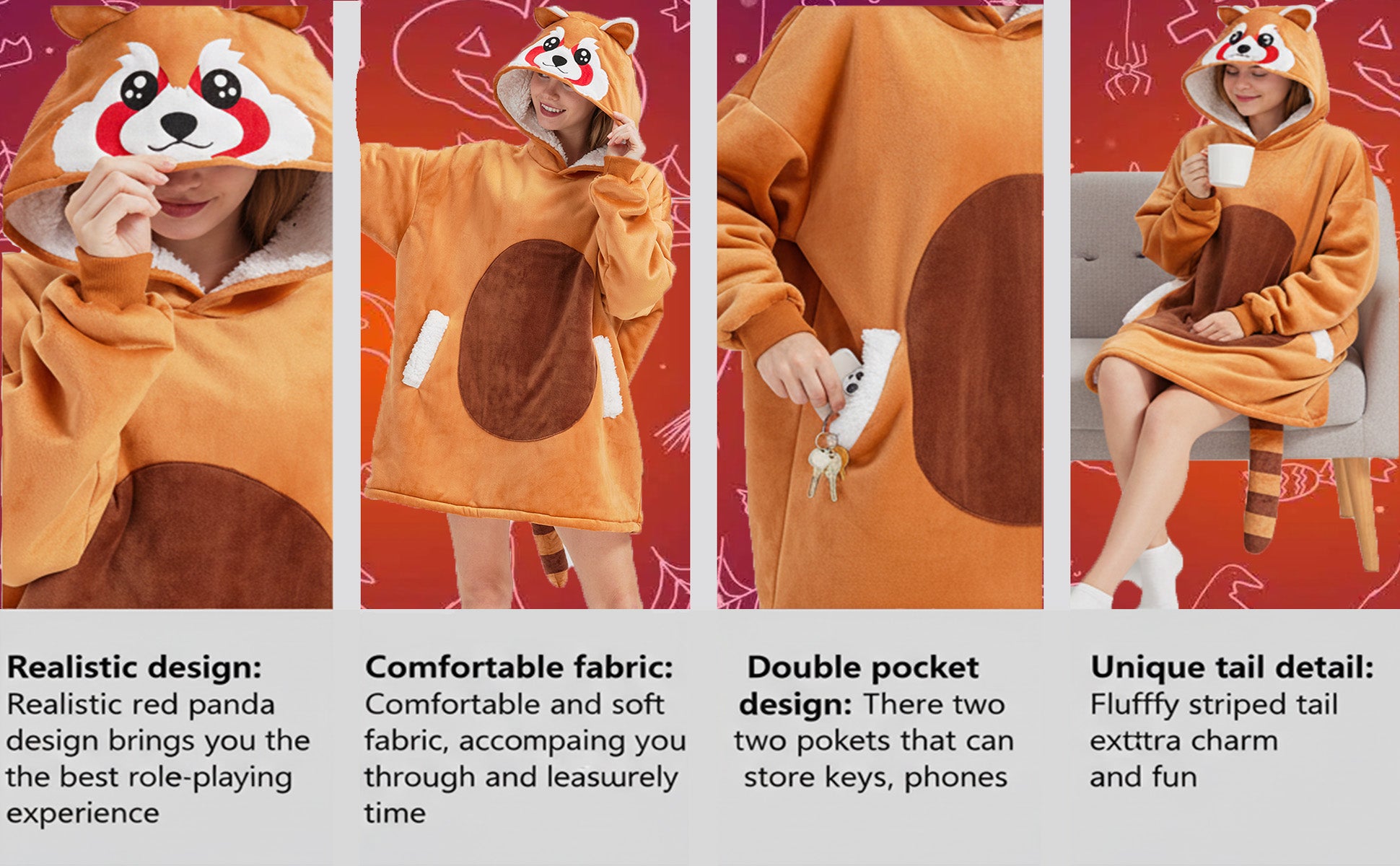 Red Panda Wearable Blanket Hoodie – Sherpa & Flannel Plush Poncho