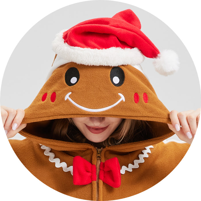 Adorable Gingerbread Man Onesie – Soft Polar Fleece Christmas Pajama Costume with Removable Santa Hat