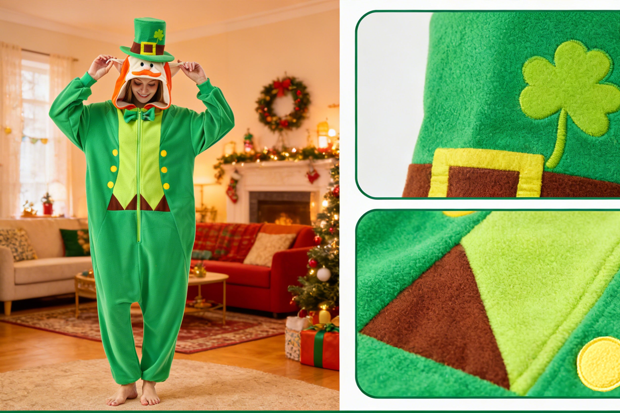 Men's Leprechaun Onesie Costume – St. Patrick's Day Green Irish Fancy Dress Suit with Hat & Beard