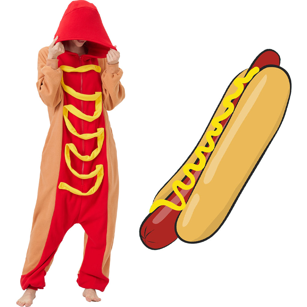 Adult Hot Dog Onesie Costume – Funny Food Pajamas with Removable Mustard Strip for Halloween & Costume Parties