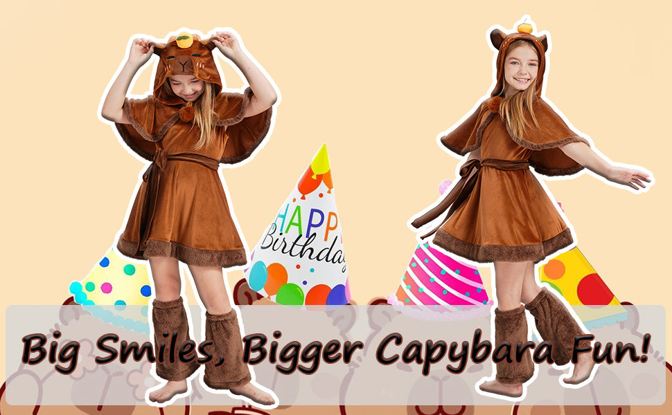 Kids Capybara Costume – 3-Piece Animal Outfit Set with Hooded Cape, Skirt & Leg Warmers for Halloween & Dress-Up